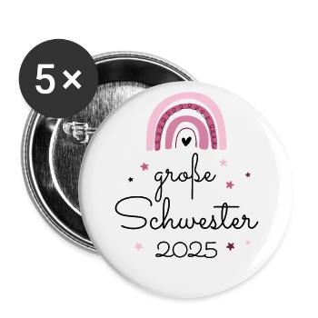 Ich werde große Schwester 2025 Regenbogen Süß - Buttons groß 56 mm (5er Pack) - Weiß - Vorne