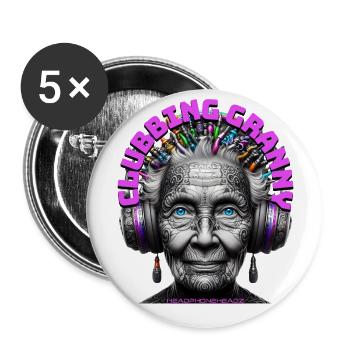 CLUBBING GRANNY - Cool Grandmother with Headphones - Buttons large 2.2''/56 mm (5-pack) - white - Front