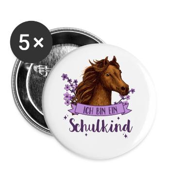 Schulkind 2024 Pferd 1. Klasse Stern Einschulung - Buttons groß 56 mm (5er Pack) - Weiß - Vorne