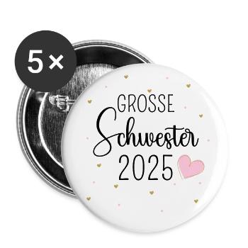 Ich werde große Schwester 2025 Herz Mädchen Süß - Buttons groß 56 mm (5er Pack) - Weiß - Vorne