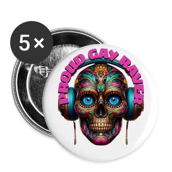 PROUD GAY RAVER - Cool Skull with Headphones! - Buttons large 2.2''/56 mm (5-pack) - white - Front