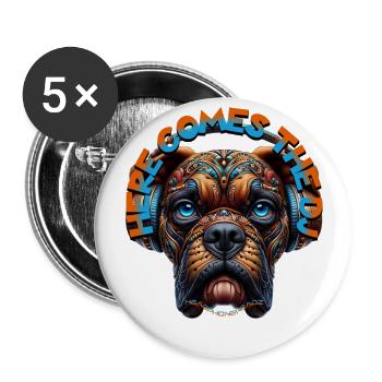 HERE COMES THE DJ – Cool Boxer Dog with Headphones - Buttons large 2.2''/56 mm (5-pack) - white - Front