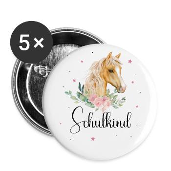 Schulkind 2024 Pferd 1. Klasse Einschulung Schule - Buttons groß 56 mm (5er Pack) - Weiß - Vorne