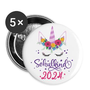 Schulkind 2024 EInhorn 1. Klasse Einschulung 2024 - Buttons groß 56 mm (5er Pack) - Weiß - Vorne