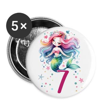 Geburtstag 7 Meerjungfrau Mädchen Sieben 7 Jahre a - Buttons groß 56 mm (5er Pack) - Weiß - Vorne