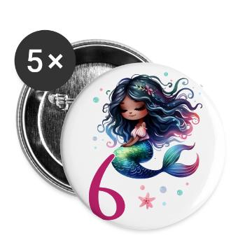 Geburtstag 6 Meerjungfrau Mädchen Sechs 6 Jahre al - Buttons groß 56 mm (5er Pack) - Weiß - Vorne