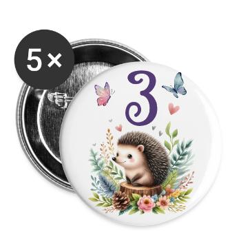 Geburtstag 3 Igel Waldtier Mädchen Drei 3 Jahre al - Buttons groß 56 mm (5er Pack) - Weiß - Vorne