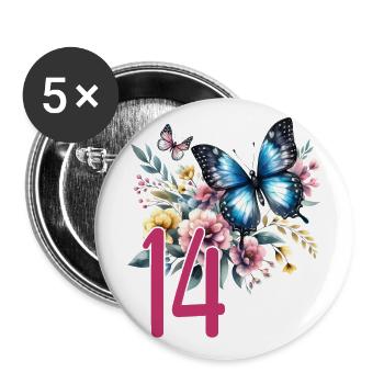 Geburtstag 14 Mädchen Schmetterling Fourteen 14 Ja - Buttons groß 56 mm (5er Pack) - Weiß - Vorne