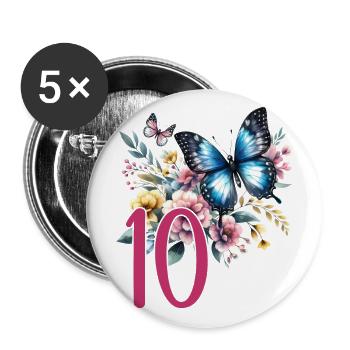 Geburtstag 10 Mädchen Schmetterling Zehn 10 Jahre - Buttons groß 56 mm (5er Pack) - Weiß - Vorne