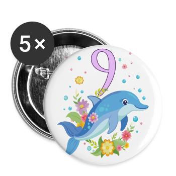 Geburtstag 9 Delphin Mädchen Neun 9 Jahre Unterwas - Buttons groß 56 mm (5er Pack) - Weiß - Vorne
