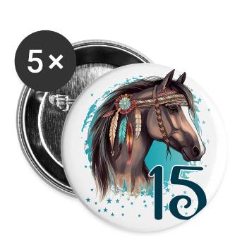 Geburtstag 15 Mädchen Pferd Reiten Stall Fünfzehn - Buttons groß 56 mm (5er Pack) - Weiß - Vorne