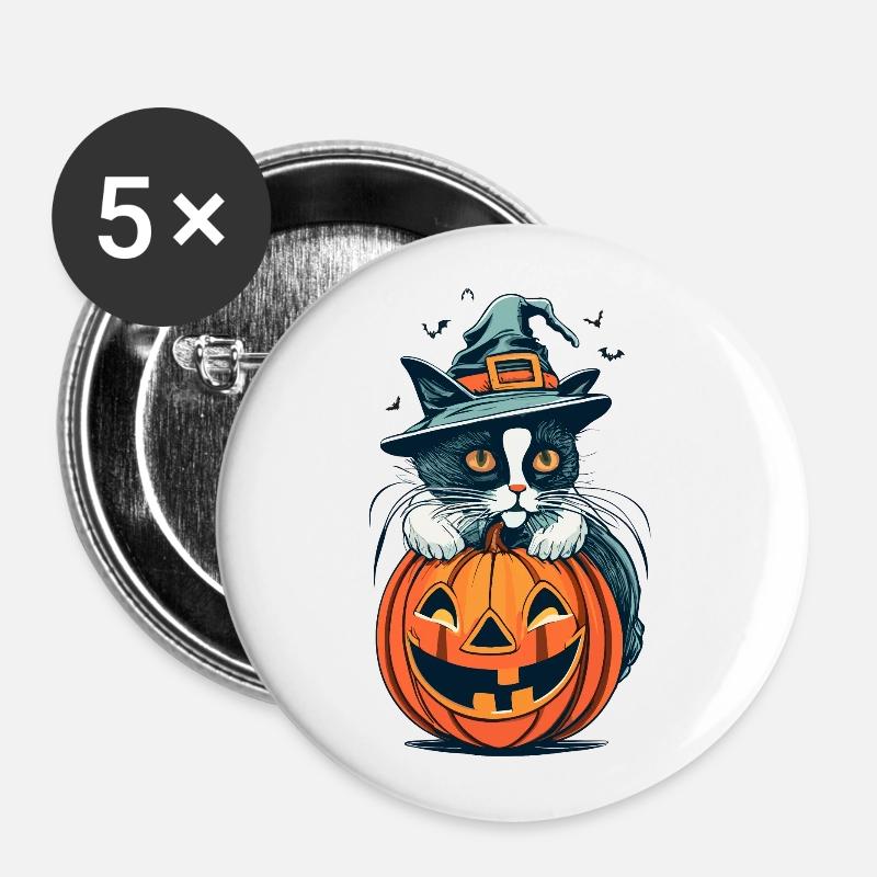 Cat in a Halloween Hat, Perched on a Pumpkin - Buttons large 2.2''/56 mm (5-pack) - white