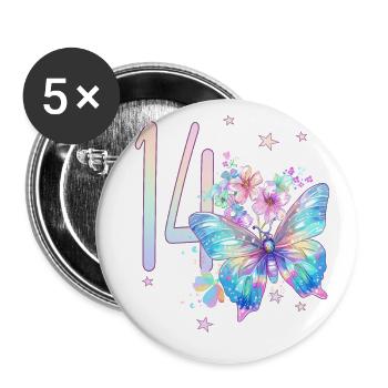 Geburtstag 14 Mädchen Schmetterling Fourteen 14 Ja - Buttons groß 56 mm (5er Pack) - Weiß - Vorne