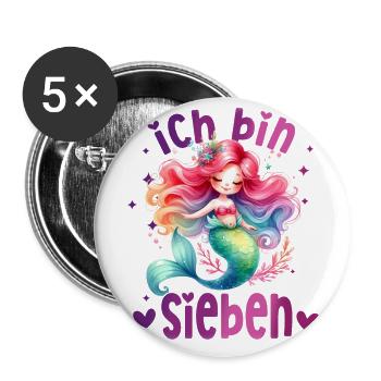 Geburtstag 7 Meerjungfrau Mädchen Sieben 7 Jahre a - Buttons groß 56 mm (5er Pack) - Weiß - Vorne