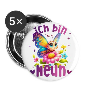 Geburtstag 9 Mädchen Schmetterling Neun 9 Jahre - Buttons groß 56 mm (5er Pack) - Weiß - Vorne