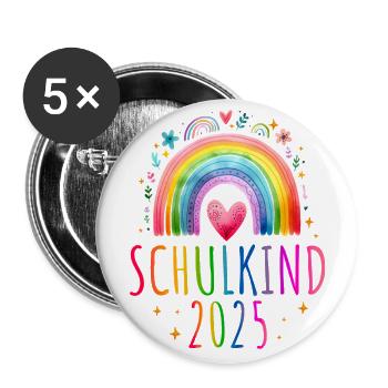 Schulkind 2025 Regenbogen Mädchen Einschulung 2025 - Buttons groß 56 mm (5er Pack) - Weiß - Vorne
