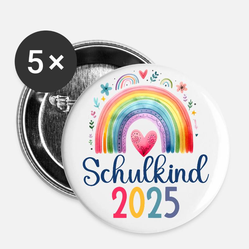 Schulkind 2025 Regenbogen Mädchen Einschulung 2025 - Buttons groß 56 mm (5er Pack) - Weiß