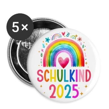 Schulkind 2025 Regenbogen Mädchen Einschulung 2025 - Buttons groß 56 mm (5er Pack) - Weiß - Vorne