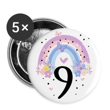 Geburtstag 9 Mädchen Regenbogen Fee Neun 9 Jahre - Buttons groß 56 mm (5er Pack) - Weiß - Vorne