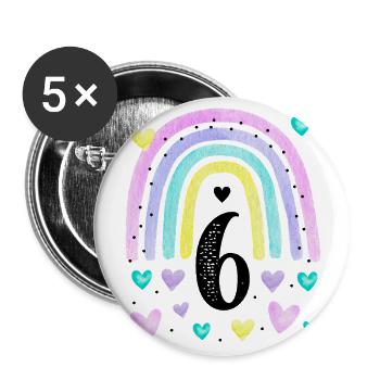 Geburtstag 6 Mädchen Regenbogen Sechs Party 6 - Buttons groß 56 mm (5er Pack) - Weiß - Vorne