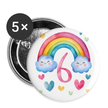Geburtstag 6 Mädchen Regenbogen Sechs Party 6 - Buttons groß 56 mm (5er Pack) - Weiß - Vorne