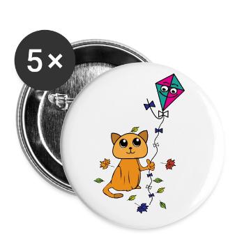 Cat is flying kite in spring, autumn - Buttons large 2.2''/56 mm (5-pack) - white - Front