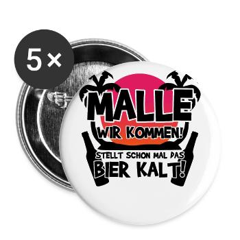 Lustiger Mallorca Spruch-Malle wir kommen! - Buttons groß 56 mm (5er Pack) - Weiß - Vorne
