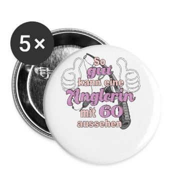 So gut kann ein Anglerin mit 60 aussehen Geschenk - Buttons groß 56 mm (5er Pack) - Weiß - Vorne