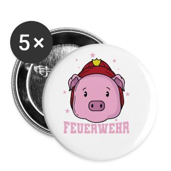 Feuerwehr Schwein mit Feuerwehrhelm - Buttons groß 56 mm (5er Pack) - Weiß - Vorne
