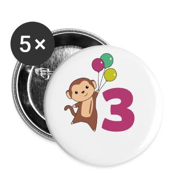 Affe dritter Geburtstag Luftballons Affen Kinder - Buttons groß 56 mm (5er Pack) - Weiß - Vorne