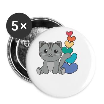 Regenbogen Herzen Pride LGBTQ süße tiere Katze - Buttons groß 56 mm (5er Pack) - Weiß - Vorne