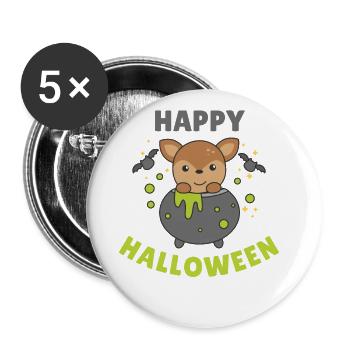 Reh Happy Halloween Hexenkessel Fledermaus - Buttons groß 56 mm (5er Pack) - Weiß - Vorne