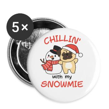 Pug Chillin with my snowmie snowman - Buttons large 2.2''/56 mm (5-pack) - white - Front
