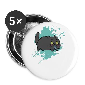 Katze mit Fisch im Maul im Kawaii Stil Tier - Buttons groß 56 mm (5er Pack) - Weiß - Vorne