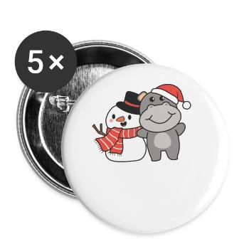Hippo with snowman in winter for Christmas - Buttons large 2.2''/56 mm (5-pack) - white - Front