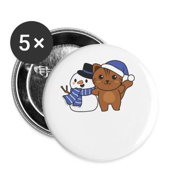 Katze mit Schneemann im Winter zu Weihnachten - Buttons groß 56 mm (5er Pack) - Weiß - Vorne