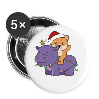 Weihnachts Hippo Shiba Inu frohe Weihnachten Hunde - Buttons groß 56 mm (5er Pack) - Weiß - Vorne