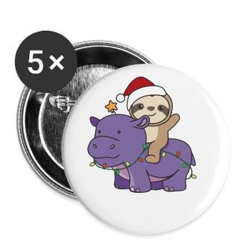 Weihnachts Hippo Faultier frohe Weihnachten Hippo - Buttons groß 56 mm (5er Pack) - Weiß - Vorne