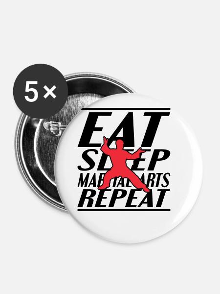 Essen Schlafen Kampfsport - Buttons groß 56 mm (5er Pack) - Weiß