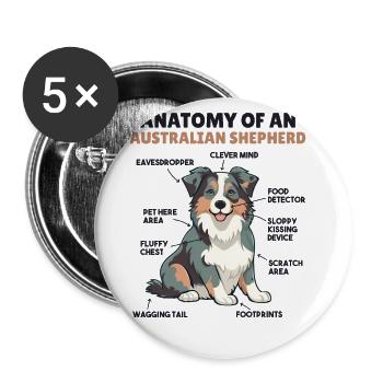 Hunde Erklärung Anatomy eines Australian Shepherd - Buttons groß 56 mm (5er Pack) - Weiß - Vorne