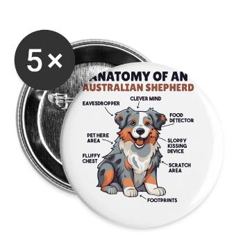Hunde Erklärung Anatomy eines Australian Shepherd - Buttons groß 56 mm (5er Pack) - Weiß - Vorne