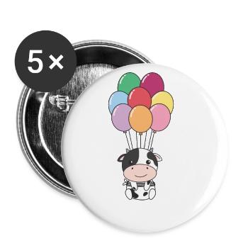 La vache vole vers le haut avec des ballons colorés - Lot de 5 grands badges (56 mm) - blanc - Devant