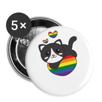 Regenbogen Flag Pride LGBTQ süßes Katze Love - Buttons groß 56 mm (5er Pack) - Weiß - Vorne