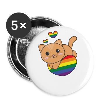 Regenbogen Flag Pride LGBTQ süßes Katze Love - Buttons groß 56 mm (5er Pack) - Weiß - Vorne