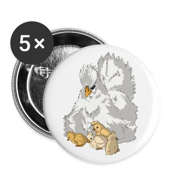 Poule de poulet en soie avec poulet de soie de poussin - Lot de 5 grands badges (56 mm) - blanc - Devant