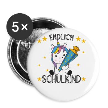 endlich Schulkind Einschulung Schule Einhorn - Buttons groß 56 mm (5er Pack) - Weiß - Vorne