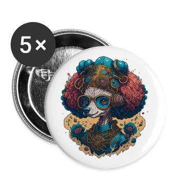 Steampunk Pudel - Retro Mechanik Hund Haustier - Buttons groß 56 mm (5er Pack) - Weiß - Vorne