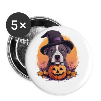Halloween Hexenhut Kürbis Hund American Staffie - Buttons groß 56 mm (5er Pack) - Weiß - Vorne