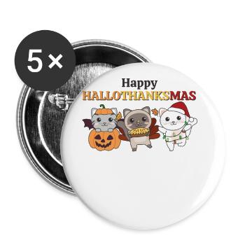Happy Hallothanksmas Katze Weihnachts Katzen - Buttons groß 56 mm (5er Pack) - Weiß - Vorne