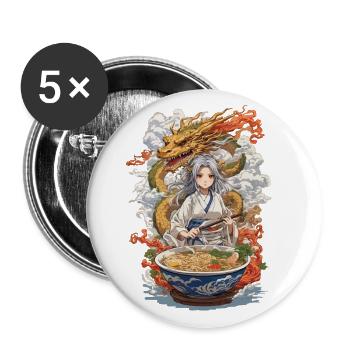 Kawaii Ramen Girl & Dragon Manga Soupe Design - Lot de 5 grands badges (56 mm) - blanc - Devant